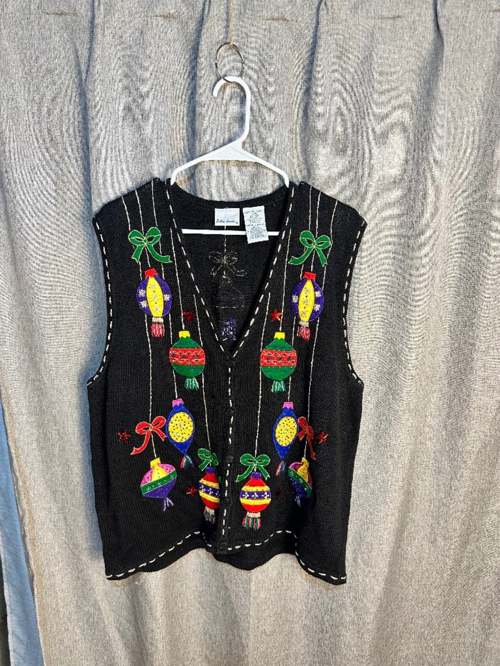 Vintage Bobbie Brooks Christmas Ornament Embroidered Sweater Vest Black - XL